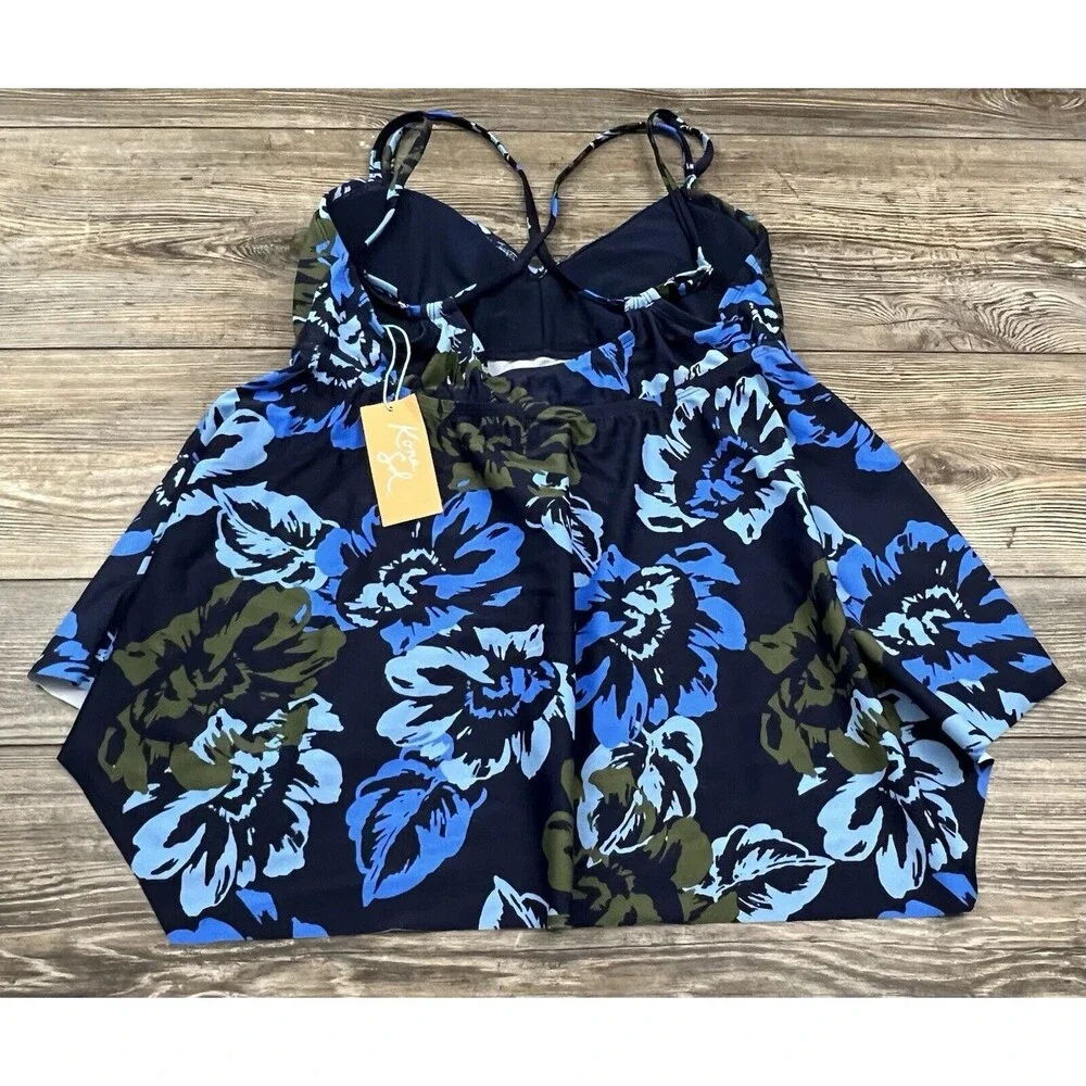 Kona Sol Women's Tankini Top Double Strap V-neck Floral Blue Size‎ MED